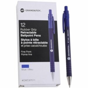 Grand and Toy Rubber Barrel Retractable Ballpoint Pens  Blue  Fine 0.7 mm  Box of 12 - 0.7 mm Fine Round Pen Point - Retractable - Black Blue Ink - Blue Barrel - 12 / Box